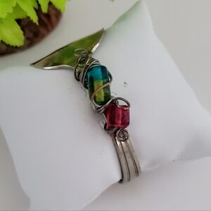 WM. A. ROGERS Spoon Nickel Silver Cuff Bracelet Multicolor Wire-Wrapped Beads
